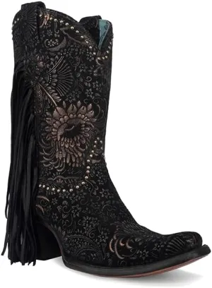 CORRAL LADIE'S BLACK/GOLADIE'S STAMPED FLORAL SUEDE STUDS & FRINGES ANKLE BOOT NARROW SQUARE TOE, CORRAL SMALL SOLE,COWHIDE LEATHER, URBAN BOOT, A4492